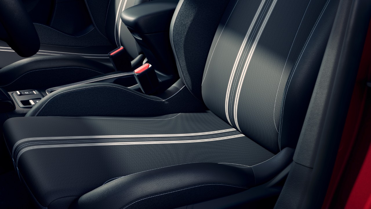 Close-up of Opel Corsa Electric 2-tone black and grey patterned seat